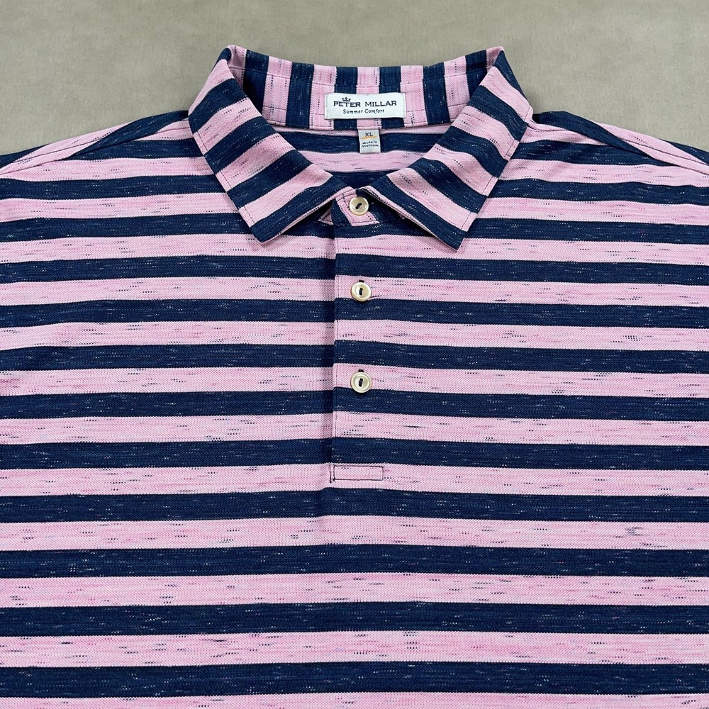 Peter Millar Polo Shirt Mens XL Pink Navy Striped Summer Comfort Golf Stretch